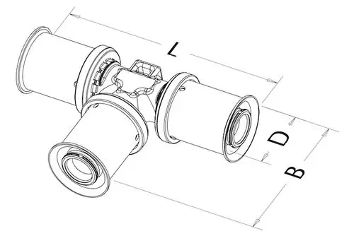 Roth T-Stück mit drei Anschlüssen, die gleichmäßig angeordnet sind. Technische Darstellung zeigt das Design des Produkts ohne spezifische Maße.